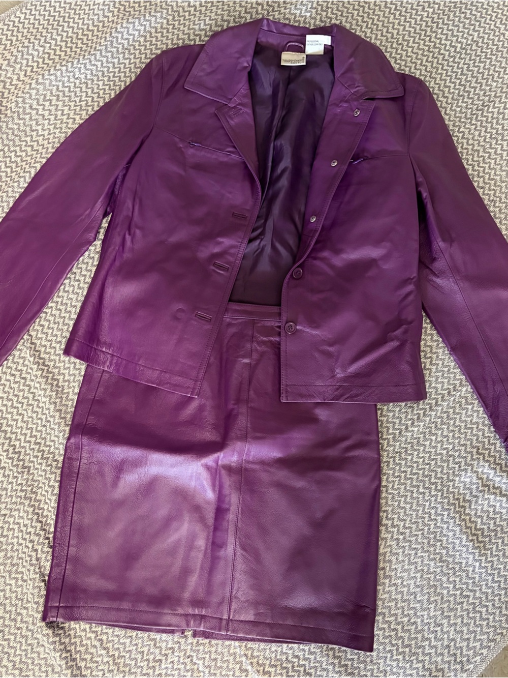 Newport News Purple Genuine Leather Jacket Skirt Suit Set 8 Y2K